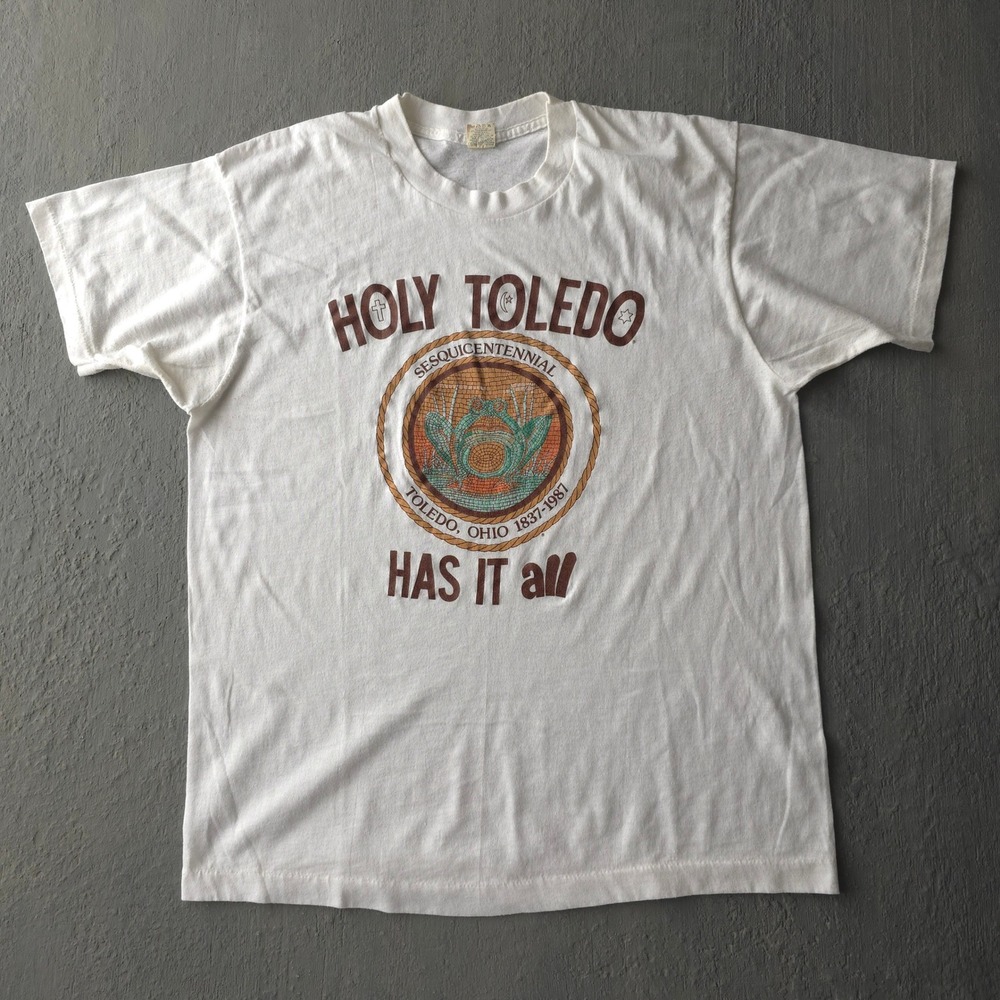 Vintage 1980s Screen Stars White T-shirt XL Holy Toledo Ohio Sesquicentennial
